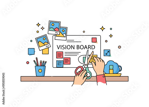 Creative vision board setup a table scene with scissors, photos and colorful notes while a person assembles a board that visually represents ambitions,