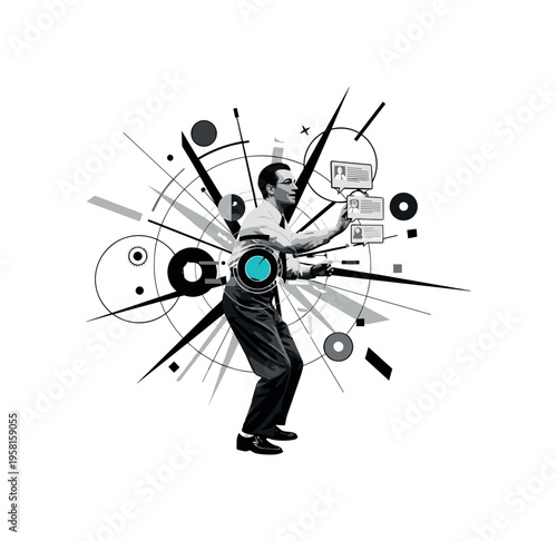 performer interacting with virtual audience, geometric circles lines and abstract blocks illustrating engagement and digital presence, black and white retro