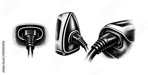 Iron cord connection A realistic iron power cord connection at the rear shown in three views: rear view, side view, and angled close perspective, emphasizing