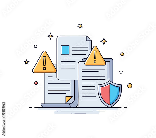 Documents with exclamation marks and a shield icon on a desk, symbolizing corporate liability, legal protection, and responsibility. Minimalist flat vector