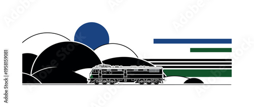 black and white train moving along a simple track line, realistic cut-out object with white outline, bold circular shapes and horizontal bars forming minimal
