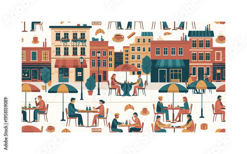 Outdoor Dining Setup. Minimalistic one-line drawing terrace table with chairs and minimal dining decor, continuous single black line on white background,