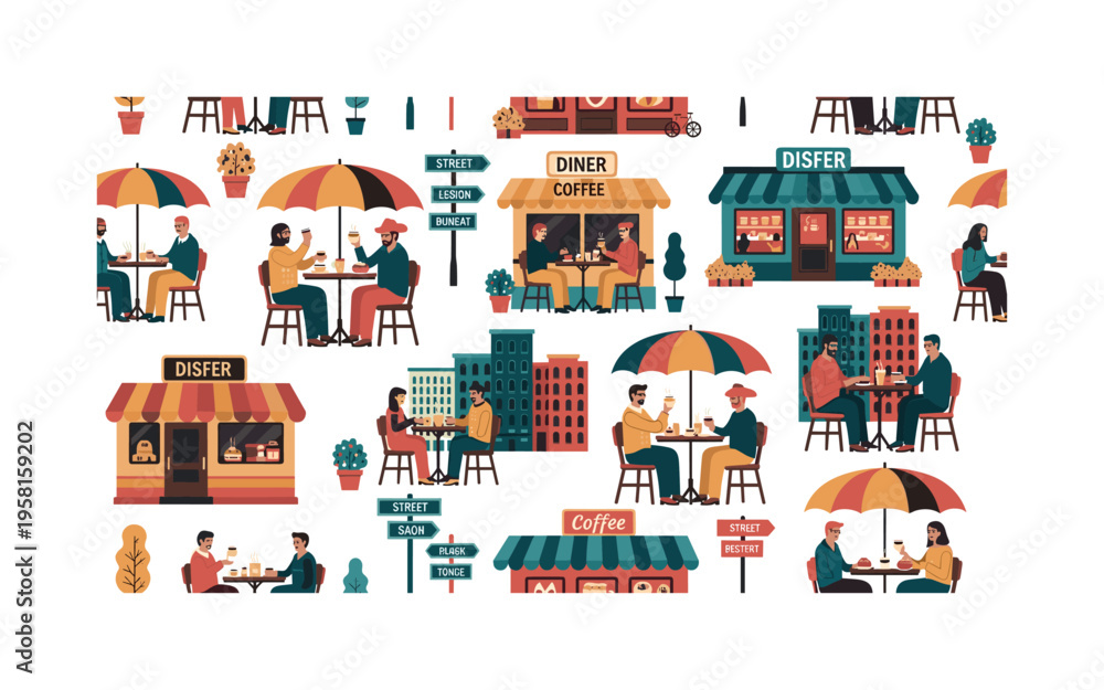Obraz premium street dining pattern seamless pattern, cafes with outdoor seating, diners, coffee, pastries, umbrellas, street signs and urban buildings arranged in a