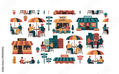 street dining pattern seamless pattern, cafes with outdoor seating, diners, coffee, pastries, umbrellas, street signs and urban buildings arranged in a