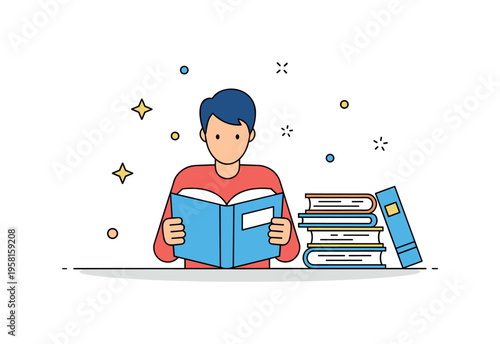 Library research scene a person studying an open book with additional books stacked nearby representing research, curiosity and pursuit of knowledge.