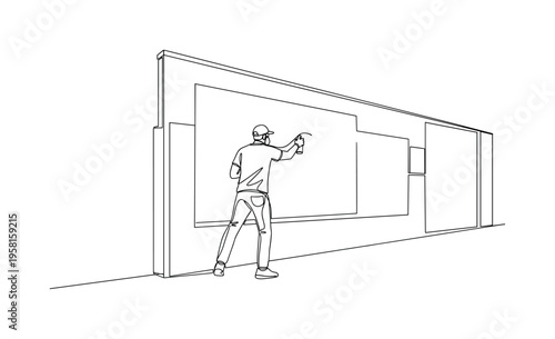 Street Art Mural. Minimalistic one-line drawing artist using spray paint to create mural on exterior wall, continuous single black line on white background,