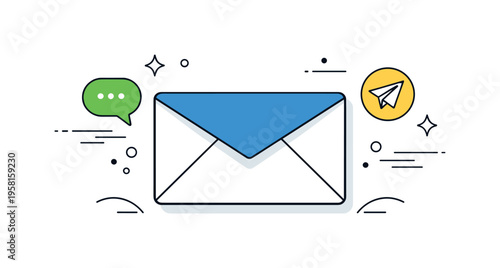 Envelope flap as communication symbol. A symbolic scene with a single envelope and highlighted flap, surrounded by abstract shapes. Clear concept of messaging,