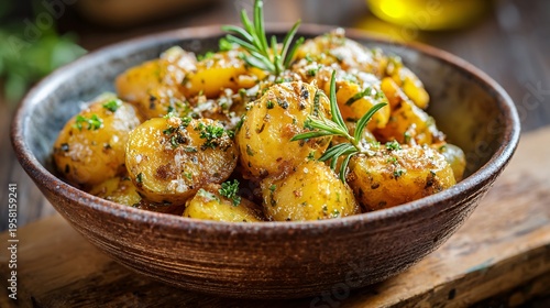 A mustard and honey glazed potato salad served in a ceramic rustic bowl