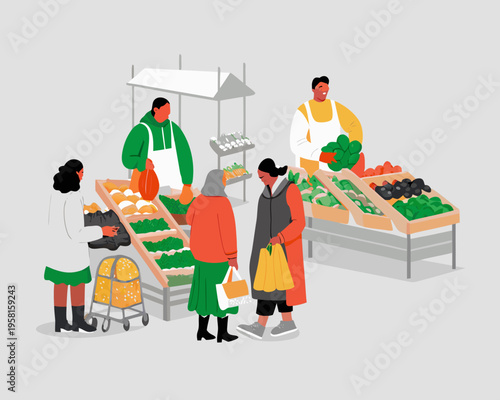 A vibrant farmers market scene with people shopping for fresh produce