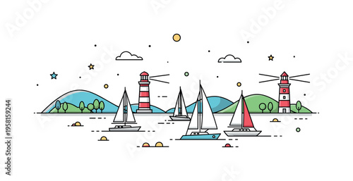 Harbor skyline view featuring sailboats anchored in the water while a lighthouse and gentle hills appear along the coastline. The composition reflects scenic