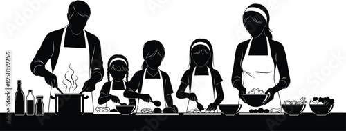 Family cooking activity silhouette vector illustration of five people preparing food together in kitchen, teamwork, culinary skills, meal preparation, collaboration