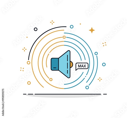 Volume growth indicator featuring a speaker icon surrounded by gradually expanding wave rings and a tiny label reading ?Max?. The scene symbolizes powerful