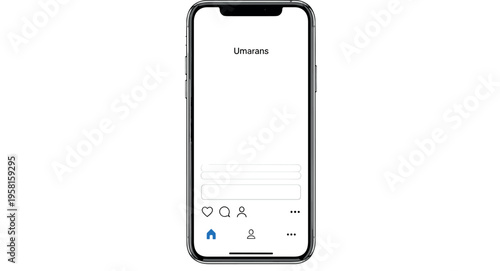 Smartphone social media app interface mockup with blank feed screen and navigation icons isolated on light background for mobile UI UX design presentation