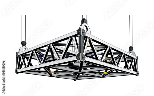 Black and white suspended pipe support frame with triangular reinforcement, intersecting diagonal lines and circular anchors forming a strong geometric