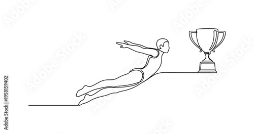 Leap Toward Achievement. Minimalistic one-line drawing figure diving toward a trophy representing reaching success and goals, continuous single black line on