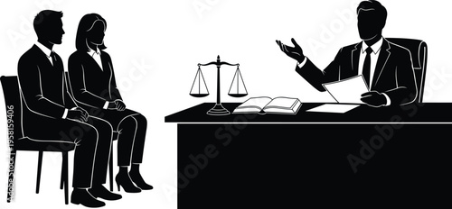 Legal consultation silhouette vector illustration of lawyer with clients at desk, justice scales, courtroom discussion, professional advice, law, judgment, decision