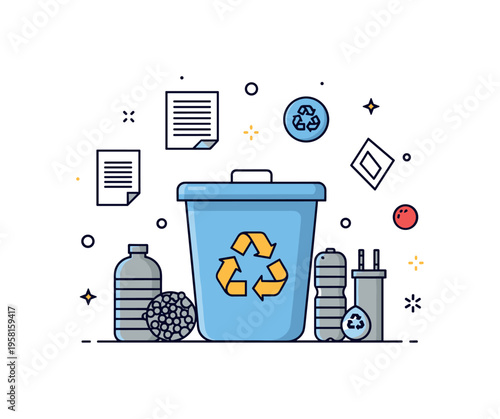Environmental responsibility recycling bin surrounded by simple icons of paper plastic and metal representing sorted recyclable materials. Visual story of