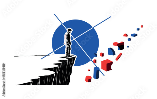 person standing on the edge of a cliff looking down into deep space below, black and white retro figure cut out with white outline effect, bold blue circle