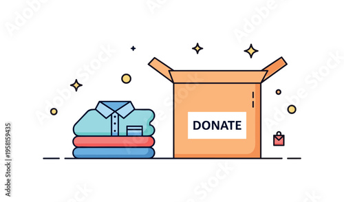 Clothes donation sorting moment with a small stack of folded shirts beside an open box labeled ?Donate?. Warm everyday scene reflecting generosity,