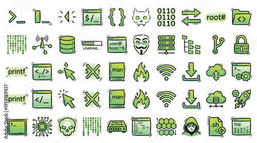 Cybersecurity Hacking Icon Set in Doodle Style. A collection of coding linear icons, including terminal, binary, server, firewall, database, linux, root, skull, cloud, and more. Hand-drawn.