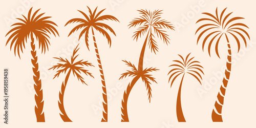 Stylized orange palm trees against a pale peach background