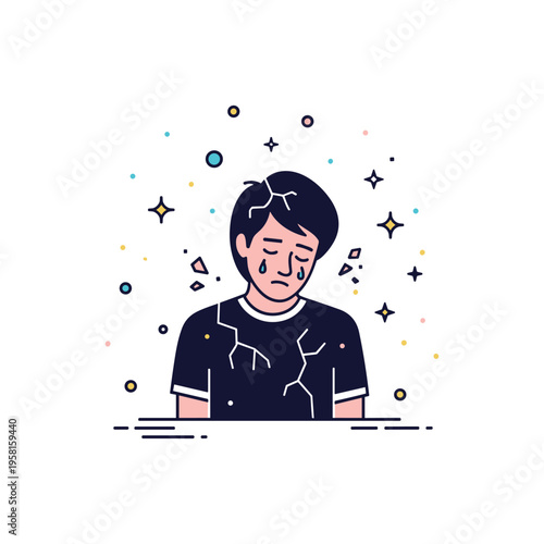 Inner turmoil visualized by a person surrounded by small broken fragments and subtle cracks in their silhouette, tiny stars highlighting introspection,