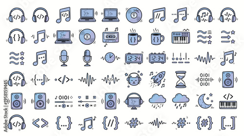 Lofi Coding and Music Production Icon Set in Doodle Style. A collection of Creative Linear Icons, including headphones, laptop, vinyl, coffee, rocket, cat, moon, and more. Illustration.