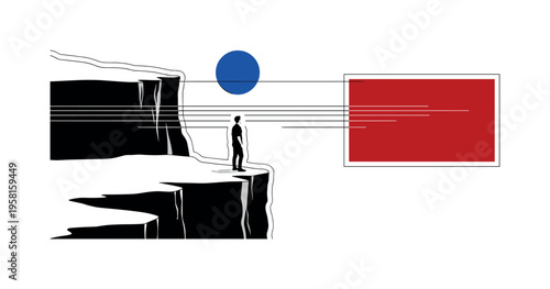 Black and white side view of person looking into distance from cliff edge, vibrant cobalt blue circle centered ahead on horizon line, deep red rectangular