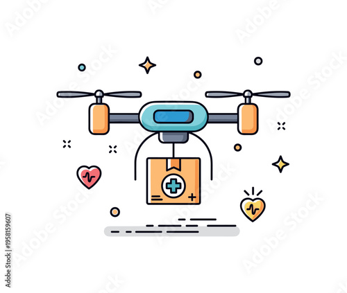 Medical supply drone transport featuring a quadcopter carrying a small package marked with a health cross icon, symbolizing urgent and life