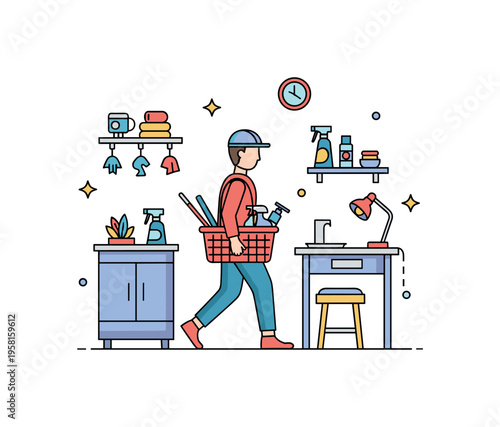 Person carrying cleaning supplies in a basket while moving through rooms, emphasizing preparation, energy, and the ritual of spring cleaning. Minimalist flat