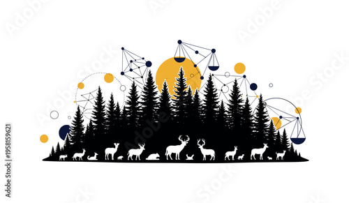 black and white forest silhouette protecting wildlife figures beneath, cut-out collage look with white outline, floating geometric circles and structural lines