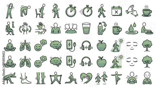 Self-Care Wellness Icon Set in Doodle Style. A collection of health linear icons, including stretching, hydration, meditation, breathing, posture, nutrition, yoga, clock