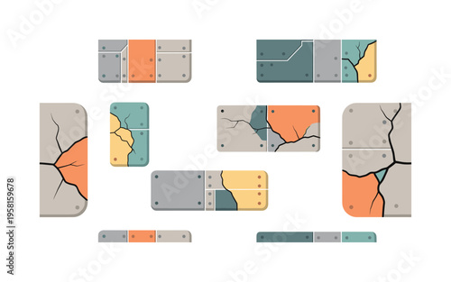 brutalist concrete surfaces wall blocks seams rivets and abstract cracks illustrated as modern urban motifs, flat vector smooth rounded geometry, saturated