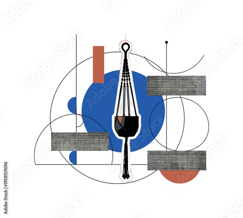 conceptual minimalist craft collage with a black and white macrame plant hanger suspended in open space, white cut-out outline effect around the cords and pot,