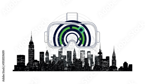 Black and white city skyline transforming into wireframe geometric shapes inside a VR headset outline, concentric circles mapping immersive experience, deep