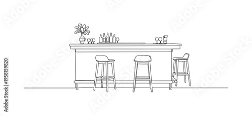 Elegant Bar Counter. Minimalistic one-line drawing stylish bar counter with minimal accessories and stools, continuous single black line on white background,