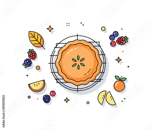 Homemade fruit pie baking warm kitchen scene with a freshly baked pie on a cooling rack while juicy berries and sliced fruit sit nearby, suggesting the simple