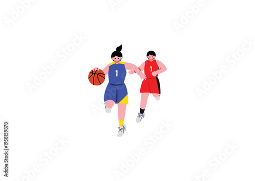 試合をする女子バスケットボール選手のイラスト