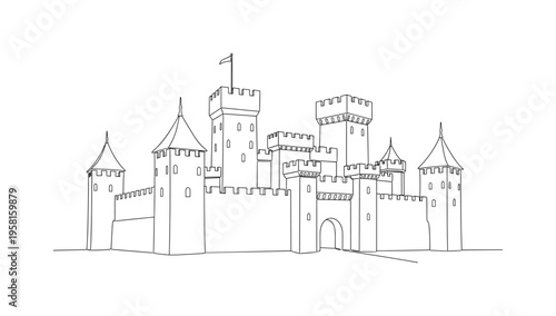 Medieval Realm. Minimalistic one-line drawing fortified castle with walls and turrets representing a historic kingdom, continuous single black line on white