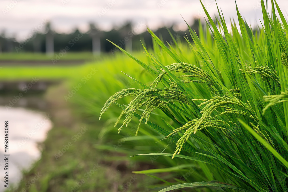 Fototapeta premium Green rice plant in paddy field close up, lush agriculture landscape, rural farming, natural growth, serene countryside scene