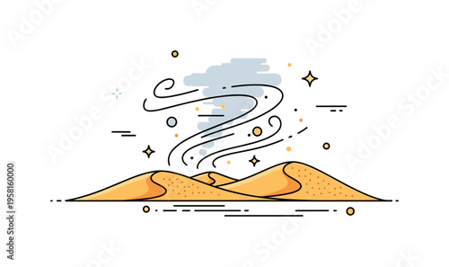 Desert sandstorm over dunes swirling wind lines moving across desert dunes suggesting a rising sandstorm in a harsh arid environment. Small particles and