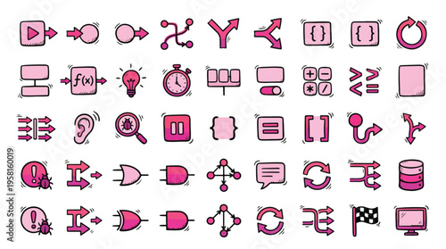 Software Development Icon Set in Hand-Drawn Style. A collection of Algorithm Linear Icons, Including logic gates, code brackets, debugging bugs, database, loops, flowcharts
