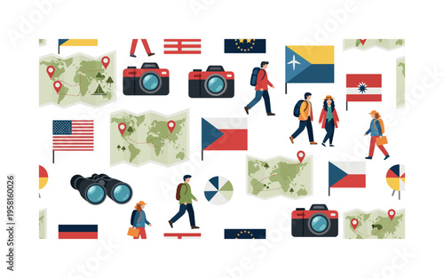 tourist guide elements flags maps binoculars cameras and walking travelers illustrated as modern sightseeing motifs, flat vector rounded shapes, rich modern