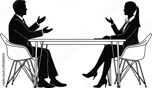 Professional business meeting silhouette illustration of two people communicating across table, formal attire, negotiation, interview, teamwork, corporate discussion vector