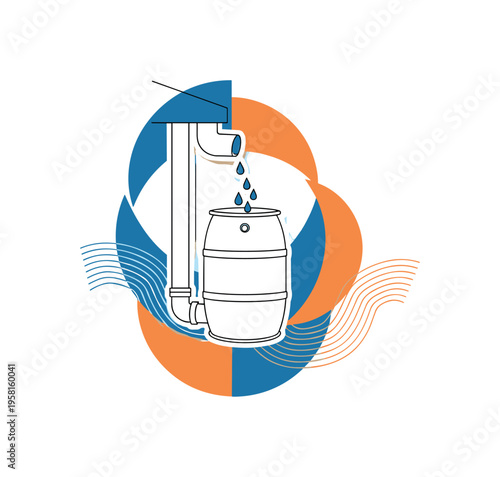 monochrome rainwater barrel collecting drops from a roof pipe symbolizing water management solutions, layered semicircles and abstract geometric blocks