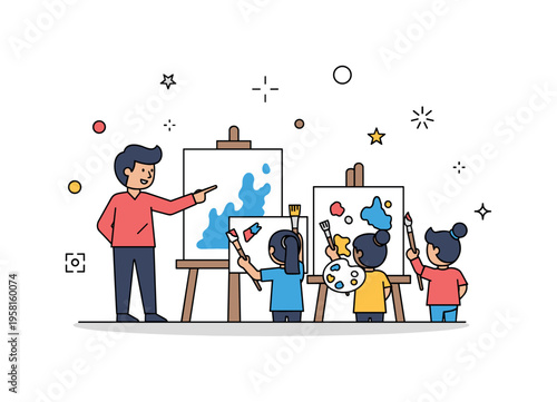 Learning painting styles with an art teacher pointing to a canvas while students follow along with brushes and palettes. The composition reflects artistic