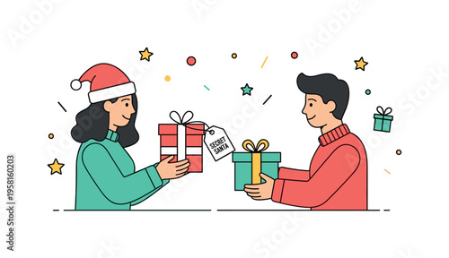 Secret Santa surprise a cheerful friend handing a wrapped present to another while a small tag reading Secret Santa hangs from the ribbon, playful stars and