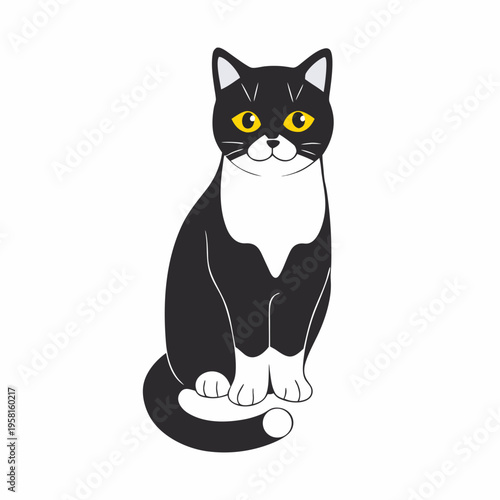 A charming black and white cartoon cat with bright yellow eyes