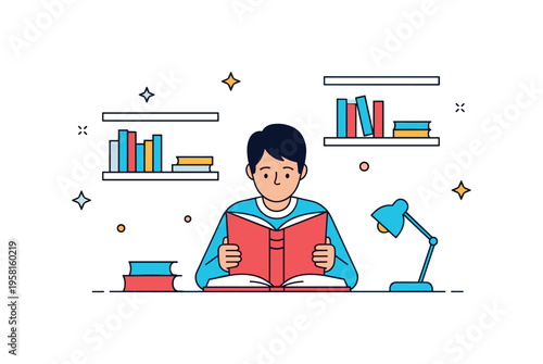 Quiet library study a focused person reading an open book at a desk while simple bookshelf shapes and a small lamp create the calm atmosphere of a peaceful