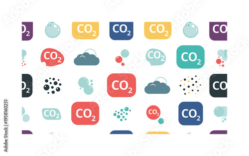 carbon dioxide emission icons seamless pattern, repeating pattern, surface design, textile print, modern illustration of CO2 symbols, gas bubbles and